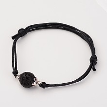 Honeyhandy Adjustable Natural Lava Rock and Waxed Cotton Cord Bracelets, with Tibetan Style Alloy Bead Caps, 42~75mm