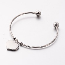 Honeyhandy Tarnish Resistant 304 Stainless Steel Cuff Bangles, Heart Charm Bangles, Stainless Steel Color, 61mm