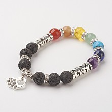 Honeyhandy Natural Lava Rock & Gemstone Bead Charm Bracelets, Chakra Stretch Bracelets, with Alloy Findings and Brass Findings, Heart, 58mm(2-1/4 inch)