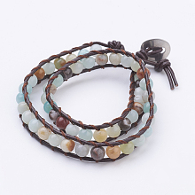 Honeyhandy Two Loops Natural Amazonite Wrap Bracelets, with Cowhide Leather Cord and 304 Stainless Steel Sewing Buttons, with Burlap Paking Pouches Drawstring Bags, 14.6 inch(370mm)