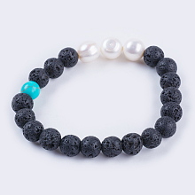 Honeyhandy Natural Lava Rock Stretch Bracelets, with Pearl Beads and Synthetic Turquoise, 2-1/8 inch(53mm)