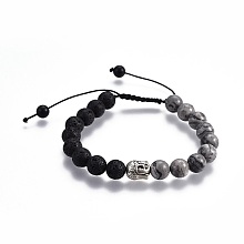 Honeyhandy Natural Lava Rock Braided Bead Bracelets, with Picasso Stone Beads, Natural Black Agate(Dyed) Beads, Alloy Finding, Buddha Head, 2-1/8 inch~3-1/8 inch(5.3~8cm)