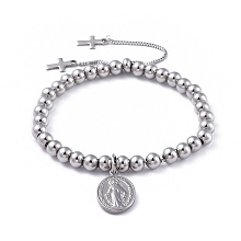 Honeyhandy Adjustable 304 Stainless Steel Slider Bracelets, Bolo Bracelets, Cross & Oval with Virgin Mary, Stainless Steel Color, 9-1/2 inch(24cm)