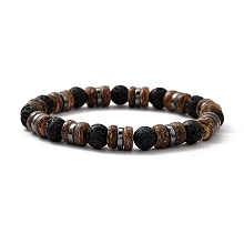 Honeyhandy Natural Lava Rock Stretch Bracelets, with Natural Coconut Beads and Non-magnetic Synthetic Hematite Beads, Inner Diameter: 2-1/8 inch(5.5cm)