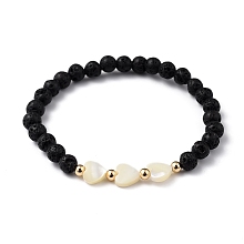 Honeyhandy Stretch Beaded Bracelets, with Heart Natural Trochid Shell Beads, Round Natural Lava Rock Beads and Golden Plated Brass Beads, Inner Diameter: 2-1/8 inch(5.5cm)