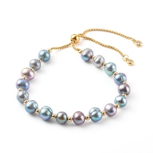 Honeyhandy Potato Natural Pearl Slide Bracelets, Bolo Bracelets, with 304 Stainless Steel Box Chains, Golden, Prussian Blue, Inner Diameter: 1-7/8~3-1/8 inch(4.8~7.8cm)