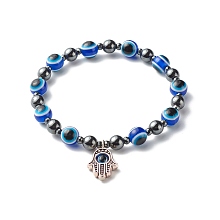 Honeyhandy Evil Eye Resin Beads Stretch Bracelet for Girl Women, Synthetic Hematite Beads Bracelet with Hamsa Hand /Hand of Miriam Charm, Blue, Inner Diameter: 2-1/8 inch(5.3cm)