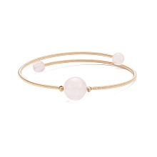 Honeyhandy Natural Rose Quartz Round Beaded Bangle, Steel Memory Wire Torque Bangle for Women, Golden, Inner Diameter: 2-1/4 inch(5.7cm)