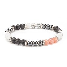 Honeyhandy Natural Lava Rock & Gemstone Round Beaded Bracelet for Women, Inner Diameter: 2-1/8 inch(5.5cm)