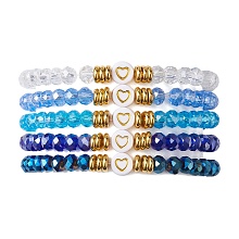 Honeyhandy 5Pcs Glass & Brass & Acrylic Beaded Stretch Bracelets Set, Heart Stackable Bracelets, Deep Sky Blue, Inner Diameter: 2-1/8 inch(5.4cm)