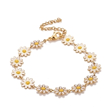 Honeyhandy Enamel Daisy Link Chains Bracelet, Vacuum Plating 304 Stainless Steel Jewelry for Women, Golden, White, 7-1/4 inch(18.4cm)