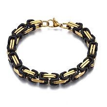 Honeyhandy Ion Plating(IP) Two Tone 201 Stainless Steel Byzantine Chain Bracelet for Men Women, Real 18K Gold Plated, Black, 8-1/2 inch(21.5cm)