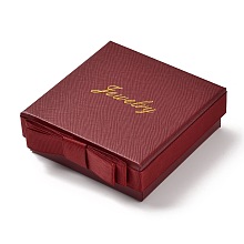 Honeyhandy Square & Word Jewelry Cardboard Jewelry Boxes, with Bowknot & Sponge, for Earring, Ring, Necklace and Bracelets Gifts Packaging, Dark Red, 9.5x9.3x3.4cm, Inner Size: 8.4x8.4cm