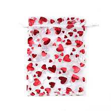 Honeyhandy Rectangle Printed Organza Drawstring Bags, FirBrick Heart Pattern, White, 12x9cm