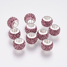 Honeyhandy 304 Stainless Steel European Beads, with Polymer Clay Rhinestone, Large Hole Beads, Rondelle, Light Amethyst, 11x7.5mm, Hole: 5mm