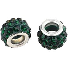 CHGCRAFT 100pcs Polymer Clay Rhinestone European Beads Green Large Hole Beads Silver Plated Brass Core Beads Rondelle Beads Necklace Bracelet Charming Beads Hole 5mm