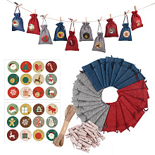 ARRICRAFT 24 Days Burlap Hanging Advent Calendars, DIY Xmas Countdown Christmas Decorations, with Stickers & Clips & Rope & 3 Colors Burlap Pouches, 30.7x20cm