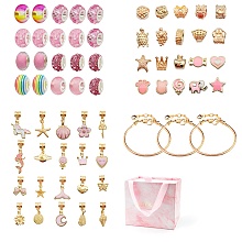 DIY European Bracelet Making Kit, Including Resin & Alloy Large Hole Beads, Brass Bracelets, Alloy Dangle Charm, Unicorn & Tortoise & Star & Heart & Butterfly Shape, Pink, 63Pcs/set