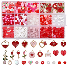 SUPERFINDINGS DIY Valentine's Day Jewelry Making Finding Kit, Include Heart & Heart Resin & Glass & Acrylic & Polymer Clay Beads, Flower & Message Box & Evelope Alloy Enamel Pendants, Red, 460Pcs/Box