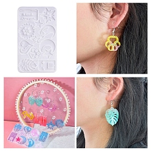 Honeyhandy DIY Pendant Silicone Molds, Resin Casting Molds, for UV Resin & Epoxy Resin Jewelry Making, Monstera Leaf, Paw Print, Star, Moon, Tape, Music Player, Flower, White, 76x132x4mm, Hole: 1~2.2mm, Inner Diameter: 13.5~37x17~31mm