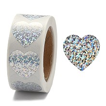 Honeyhandy Heart Shaped Laser Stickers Roll, Valentine's Day Sticker Adhesive Label, for Decoration Wedding Party Accessories, Silver, 25x25mm, 500pcs/roll