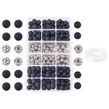 PandaHall Elite 200 Pcs Natural Round Black Lava Stone Beads with 100 Pcs Alloy Spacer Beads and 0.8mm Stretchy Beading Elastic Wire 10m per Roll for Jewelry Making