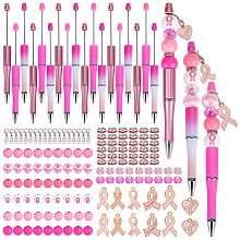 DIY Breast Cancer Awareness Theme Beadable Pen Making Kit, Including Alloy Enamel Ribbon Pendant, Wood & Glass European Beads, ABS Plastic Ball-Point Pen, Pink, 162Pcs/box