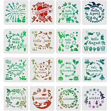 FINGERINSPIRE 16 Pcs Monthly Stencils Drawing Painting Templates Sets 11.8x11.8inch 1-12 Months Seasons Interesting Themed Word Border Log Template