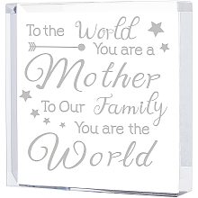 FINGERINSPIRE Square Crystal Engraved Keepsake and Paperweight, Crystal Glass Gifts, Unique Birthday for Mom - to The World You are a Mother, to Our Family You are The World