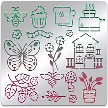 BENECREAT Butterfly House Flower Pattern Metal Stencil, 6x6 inch House Strawberry Element Stainless Steel Template for Painting, Wood Burning, Journaling