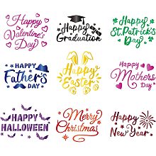 GLOBLELAND 4 Sets 11 Pcs Holiday Greetings Hot Foil Plate and Metal Cutting Dies Festival Congratulations Words Saint Patrick's Day Easter for Card Making DIY Scrapbooking Photo Album Decor