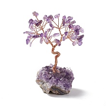 Honeyhandy Natural Amethyst Tree Display Decoration, Druzy Amethyst Base Feng Shui Ornament for Wealth, Luck, Rose Gold Brass Wires Wrapped, 45~52x69~75x93~107mm