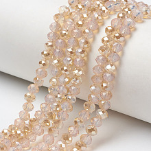 Honeyhandy Electroplate Glass Beads Strands, Imitation Jade Beads, Half Plated, Rainbow Plated, Faceted, Rondelle, PeachPuff, 4x3mm, Hole: 0.4mm, about 123~127pcs/strand, 16.5~16.9 inch(42~43cm)