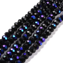 Honeyhandy Electroplate Opaque Solid Color Glass Beads Strands, Half Rainbow Plated, Faceted, Rondelle, Black, 10x8mm, Hole: 1mm, about 63~65pcs/strand, 19.2~20 inch(48~50cm)