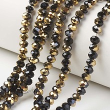 Honeyhandy Electroplate Opaque Glass Beads Strands, Half Golden Plated, Faceted, Rondelle, Black, 2x1.5mm, Hole: 0.4mm, about 195pcs/strand, 11 inch(28cm)