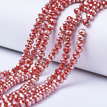 Honeyhandy Electroplate Opaque Solid Color Glass Beads Strands, Platinum Plated, Faceted, Rondelle, FireBrick, 4x3mm, Hole: 0.4mm, about 123~127pcs/strand, 16.5~16.9 inch(42~43cm)