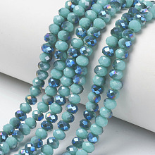 Honeyhandy Electroplate Opaque Solid Color Glass Beads Strands, Half Plated, Blue Plated, Faceted, Rondelle, Medium Turquoise, 4x3mm, Hole: 0.4mm, about 123~127pcs/strand, 16.5~16.9 inch(42~43cm)