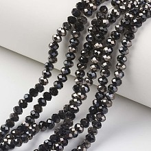 Honeyhandy Electroplate Opaque Glass Beads Strands, Half Black Plated, Faceted, Rondelle, Black, 4x3mm, Hole: 0.4mm, about 123~127pcs/strand, 16.5~16.9 inch(42~43cm)