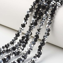 Honeyhandy Electroplate Transparent Glass Beads Strands, Half Silver Plated, Faceted, Rondelle, Black, 3x2mm, Hole: 0.8mm, about 165~169pcs/strand, 15~16 inch(38~40cm)