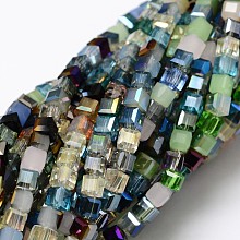 Honeyhandy Electroplate Glass Beads Strands, Faceted Cube, Mixed Color, 4x4x4mm, Hole: 1mm, about 91pcs/strand, 15.94 inch