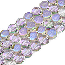 Electroplate Translucent Glass Beads Strands, AB Color Plated, Half Plated, Faceted, Octagon, Lilac, 7~8x7~8x4mm, Hole: 1.2mm, about 72pcs/strand, 20.47 inch(52cm)