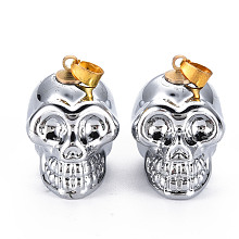 Honeyhandy Electroplate K9 Glass Pendants, with Golden Plated Brass Bails, Skull, Halloween, Platinum Plated, 25x26~27x19mm, Hole: 5x3mm