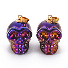 Honeyhandy Electroplate K9 Glass Pendants, with Golden Plated Brass Bails, Skull, Halloween, Purple, 25x26~27x19mm, Hole: 5x3mm