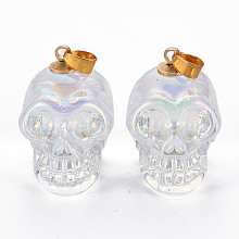 Honeyhandy Electroplate K9 Glass Pendants, with Golden Plated Brass Bails, Skull, Halloween, Clear AB, 25x26~27x19mm, Hole: 5x3mm