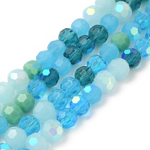 Electroplate Glass Beads Strands, Faceted, Half AB Color Plated, Round, Deep Sky Blue, 6x5mm, Hole: 1.4mm, about 100pcs/strand, 20.87''(53cm)