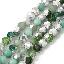 Electroplate Glass Beads Strands, Faceted, Half Silver Plated, Round, Dark Sea Green, 6x5mm, Hole: 1.4mm, about 100pcs/strand, 20.87''(53cm)