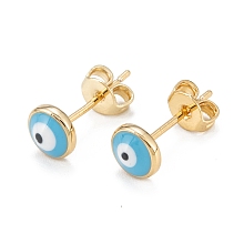 Honeyhandy Brass Enamel Stud Earrings, Long-Lasting Plated, Flat Round with Evil Eye, Real 18K Gold Plated, Turquoise, 6x2.5mm, Pin: 0.8mm