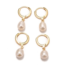 Honeyhandy Brass Hoop Earrings, with Natural Pearl, Long-Lasting Plated, Real 18K Gold Plated, White, 25mm, Pin: 0.8mm