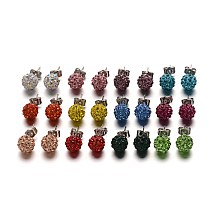 Honeyhandy Polymer Clay Rhinestone Ball Stud Earrings, with Stainless Steel Stud Earring Findings, Stainless Steel Color, Mixed Color, 10mm, Pin: 0.8mm