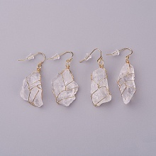 Honeyhandy Natural Quartz Crystal Dangle Earrings, with Brass Findings and Plastic Ear Nuts, Nuggets, Golden, 22~50x10~23mm, Pin: 0.7mm